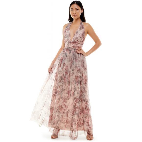 City Studios Juniors' Floral-Print Halter Gown Pink Magenta Glitter Size 3 Dress - Picture 1 of 5